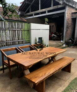 set meja makan kayu solid-set meja makan kayu utuh-set meja bangku makan-meja makan kayu trembesi-set meja makan minimalis