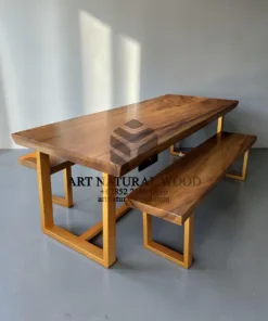 meja bangku makan kayu solid-meja bangku kayu-meja makan-bangku makan-meja kayu solid-meja besi-meja industrial