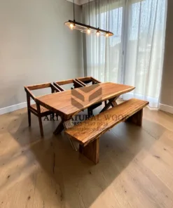 set meja makan kayu solid-set meja makan kayu utuh-set meja bangku makan-meja makan kayu trembesi-set meja makan minimalis