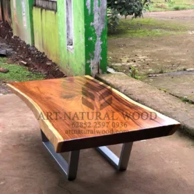 coffee table kaki stainless-meja kayu besar-meja kopi kayu trembesi-meja tamu kaki besi-meja kayu trembesi