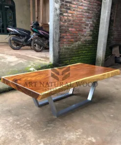 coffee table kaki stainless-meja kayu besar-meja kopi kayu trembesi-meja tamu kaki besi-meja kayu trembesi