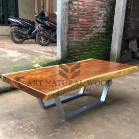 coffee table kaki stainless-meja kayu besar-meja kopi kayu trembesi-meja tamu kaki besi-meja kayu trembesi