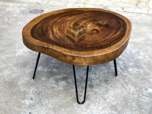 meja tamu kayu trembesi bundar-coffee table bundar-meja kopi bundar-meja tamu bulat-meja tamu kaki besi-meja kayu besar