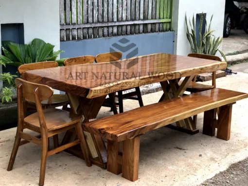 sett meja makan kayu besar-set meja makan alami-meja kayu besar-meja kayu trembesi-meja kayu jati-meja makan kayu solid