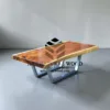 coffee table kaki stainless-meja kayu besar-meja kopi kayu trembesi-meja tamu kaki besi-meja kayu trembesi