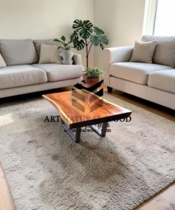 coffee table kaki stainless-meja kayu besar-meja kopi kayu trembesi-meja tamu kaki besi-meja kayu trembesi