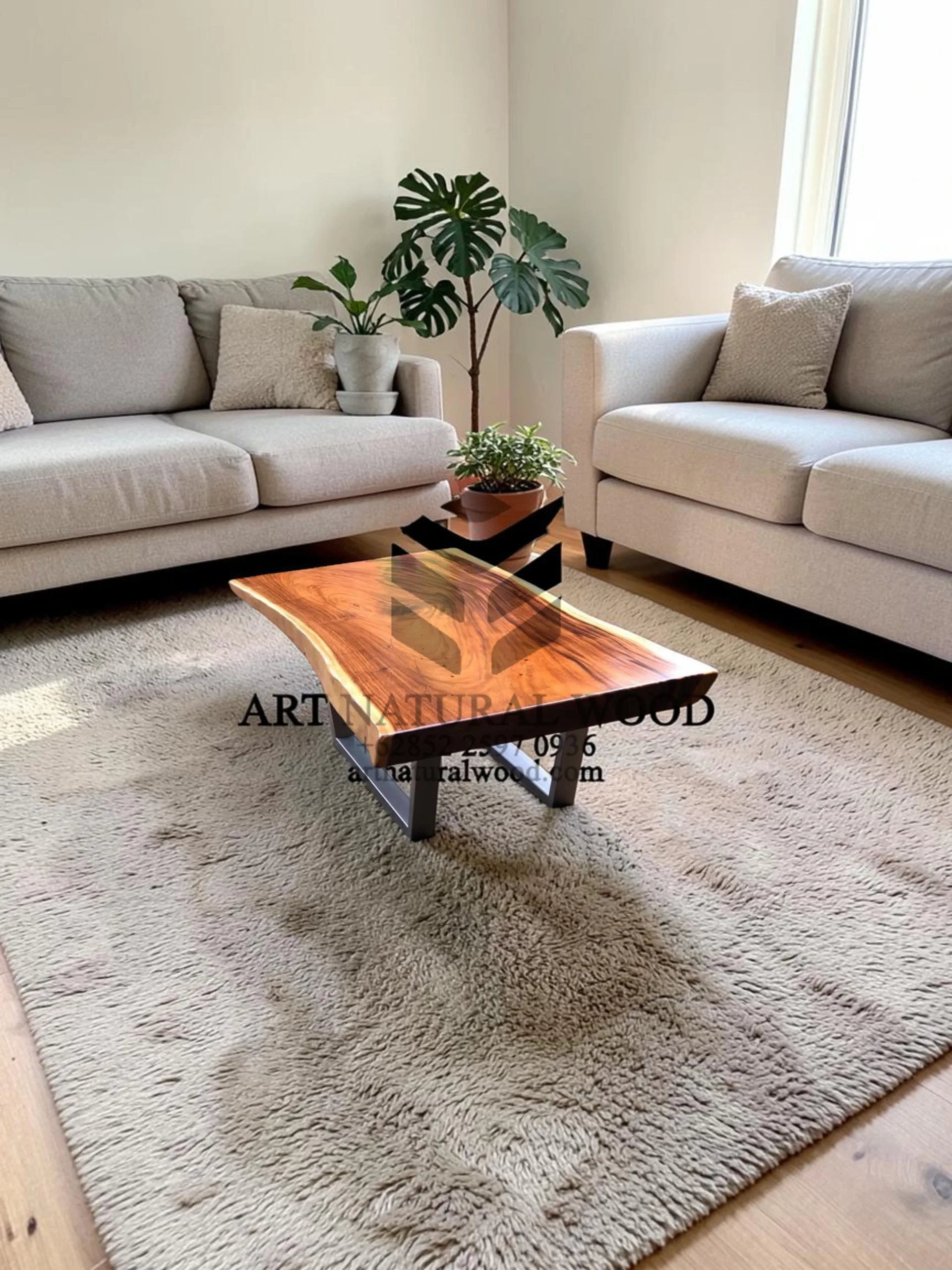 coffee table kaki stainless-meja kayu besar-meja kopi kayu trembesi-meja tamu kaki besi-meja kayu trembesi
