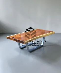 coffee table kaki stainless-meja kayu besar-meja kopi kayu trembesi-meja tamu kaki besi-meja kayu trembesi