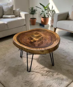 meja tamu kayu trembesi bundar-coffee table bundar-meja kopi bundar-meja tamu bulat-meja tamu kaki besi-meja kayu besar