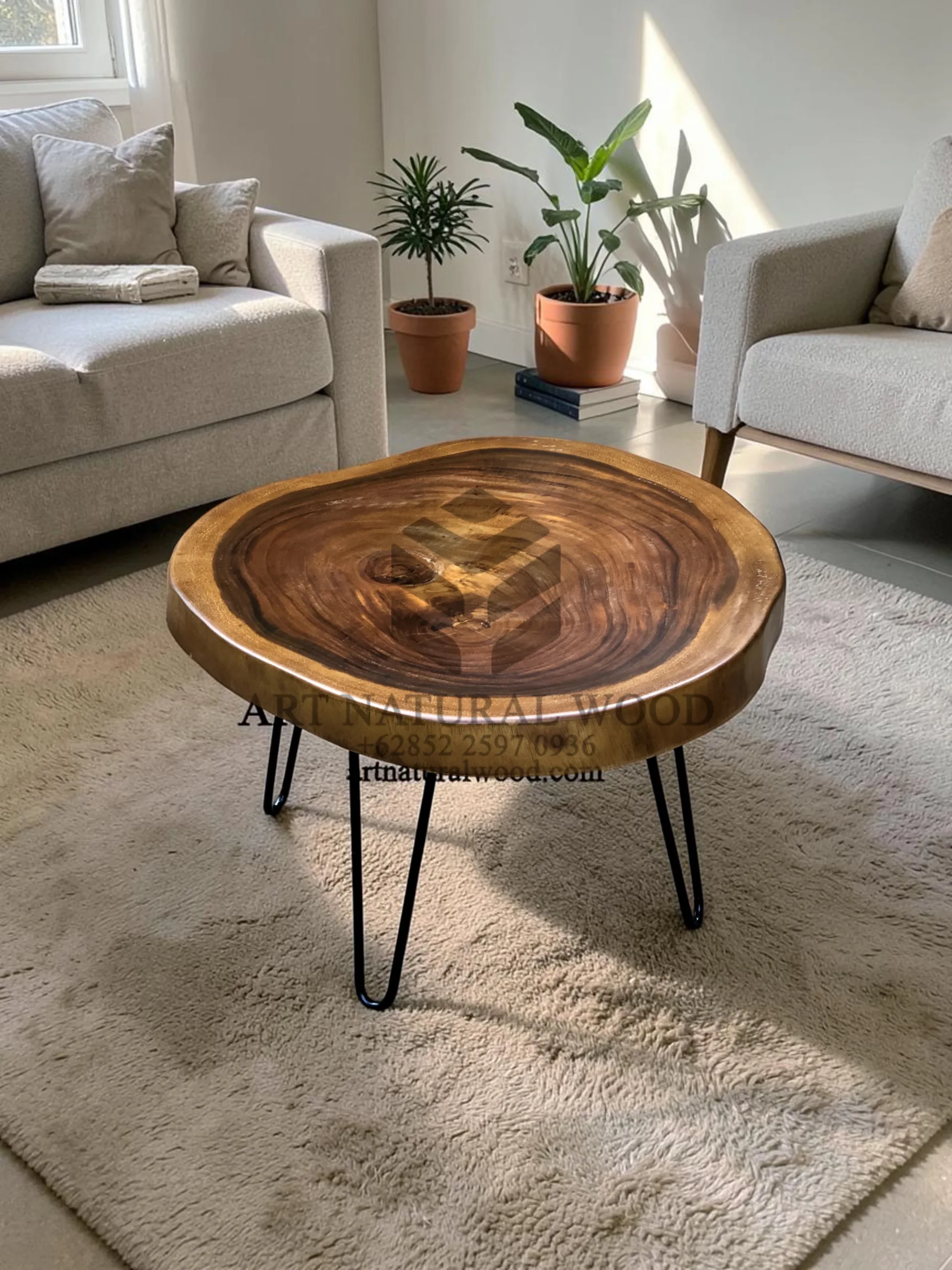 meja tamu kayu trembesi bundar-coffee table bundar-meja kopi bundar-meja tamu bulat-meja tamu kaki besi-meja kayu besar