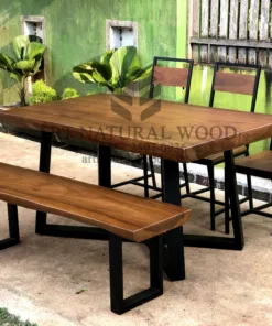 set meja makan industrial kayu trembesi-meja kayu besar-meja kayu trembesi