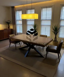 meja kayu kaki besi unik-meja makan kayu trembesi kaki besi