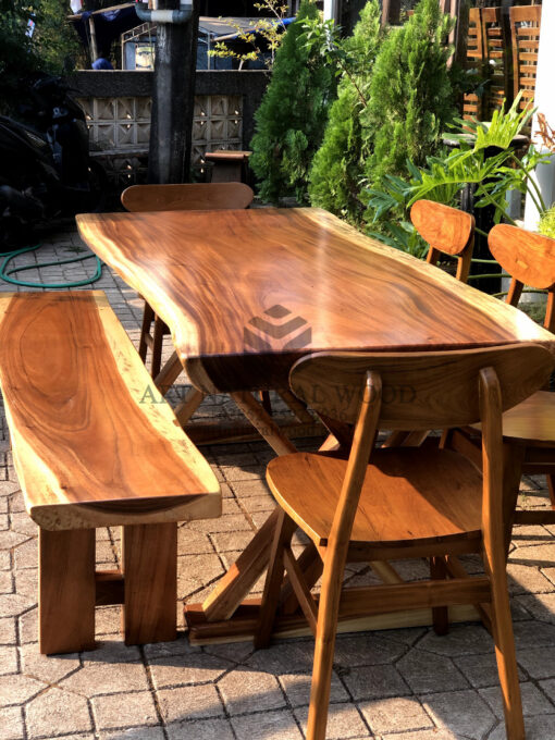 meja makan kayu trembesi 5 kursi 1 bangku-meja makan minimalis kayu trembesi-set meja makan kayu besar