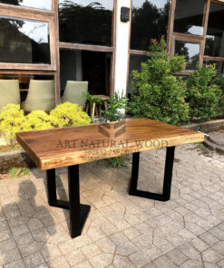 meja kayu utuh trembesi minimalis kaki besi- meja kayu besar kaki besi