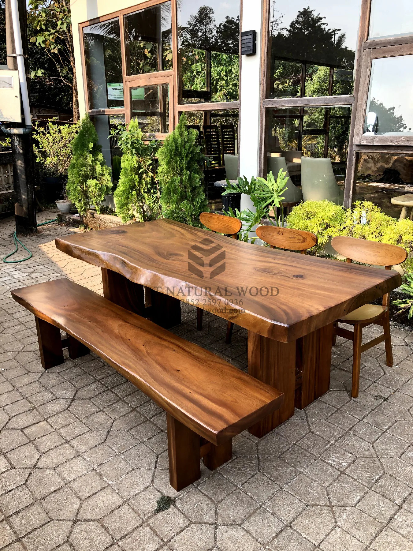 dining set minimalis kayu solid 1 bangku 3 kursi-meja bangku makan minimalis kayu trembesi