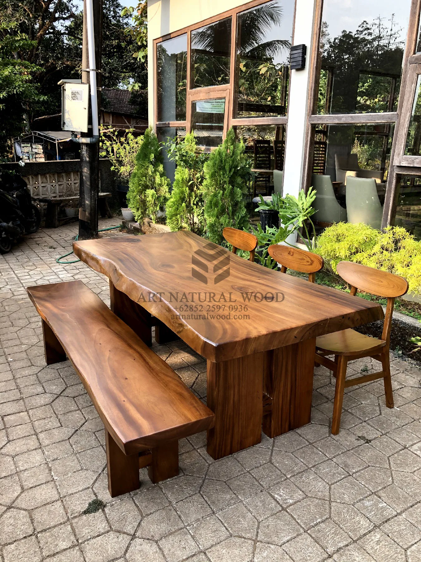 dining set minimalis kayu solid 1 bangku 3 kursi-meja bangku makan minimalis kayu trembesi