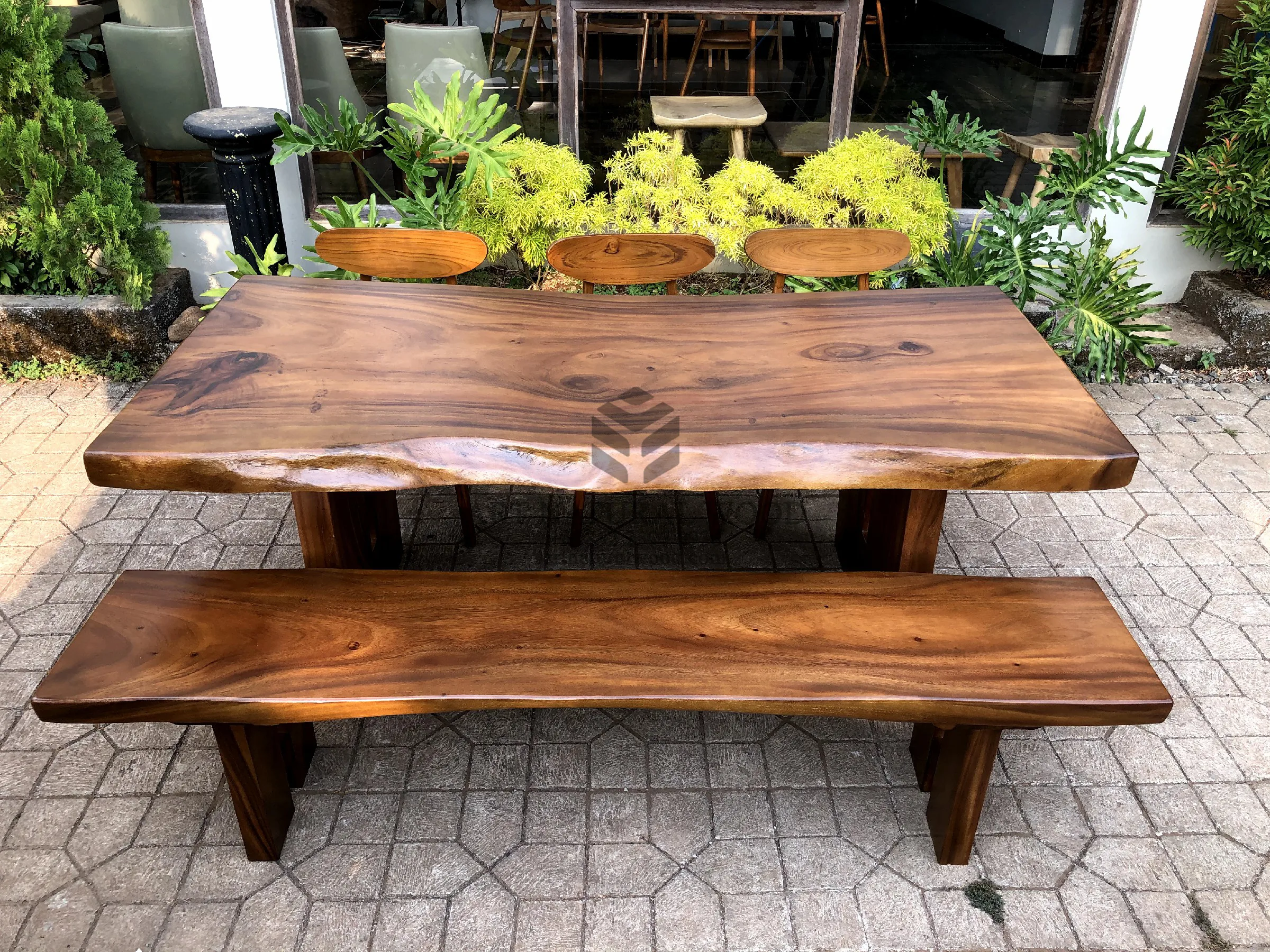 dining set minimalis kayu solid 1 bangku 3 kursi-meja bangku makan minimalis kayu trembesi