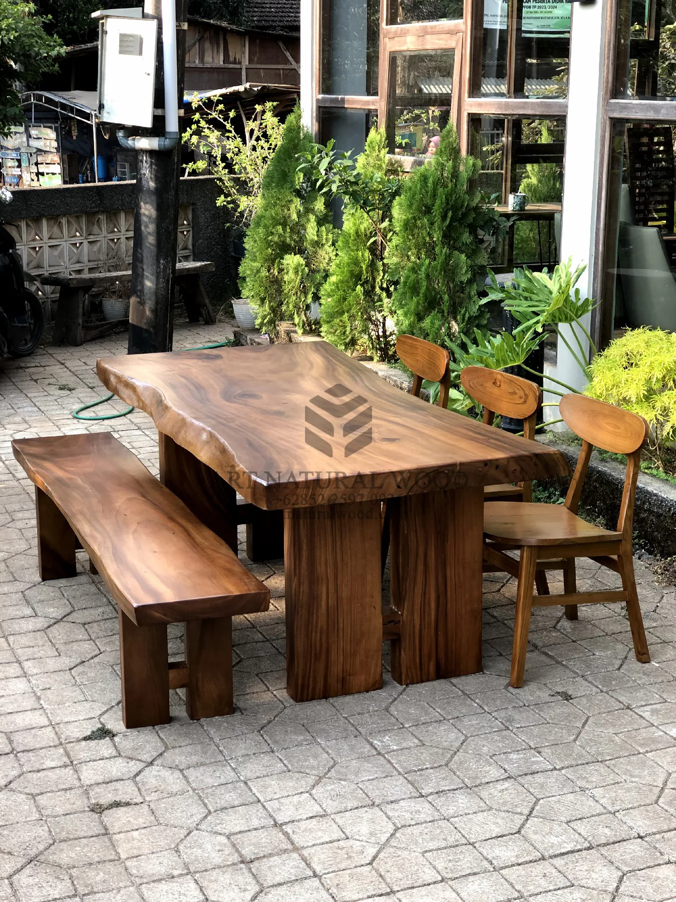 dining set minimalis kayu solid 1 bangku 3 kursi-meja bangku makan minimalis kayu trembesi