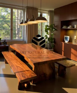 dining set minimalis kayu solid 1 bangku 3 kursi-meja bangku makan minimalis kayu trembesi