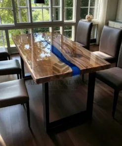 meja epoxy resin kayu trembesi kaki besi