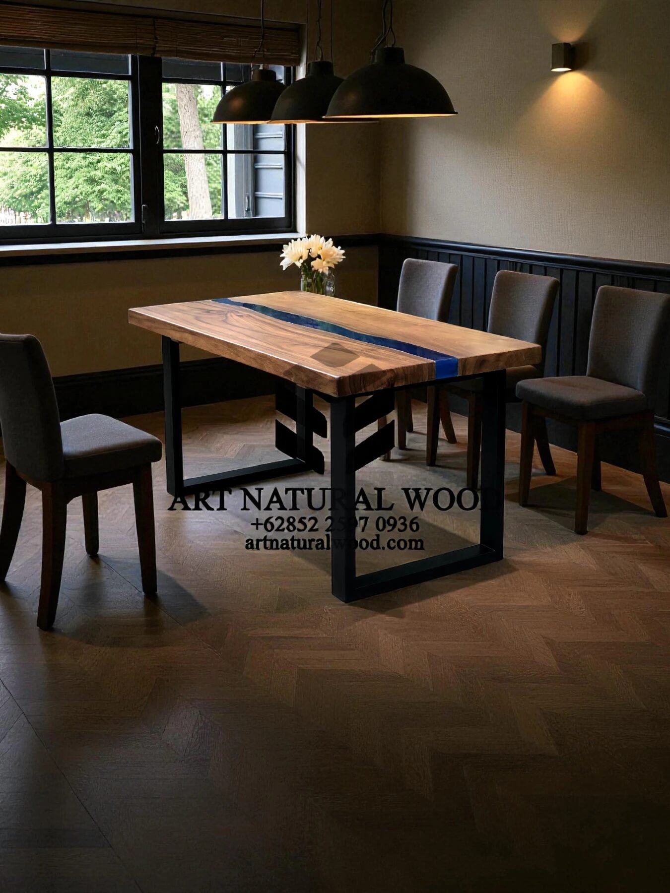 meja epoxy resin minimalis kayu trembesi solid kaki besi