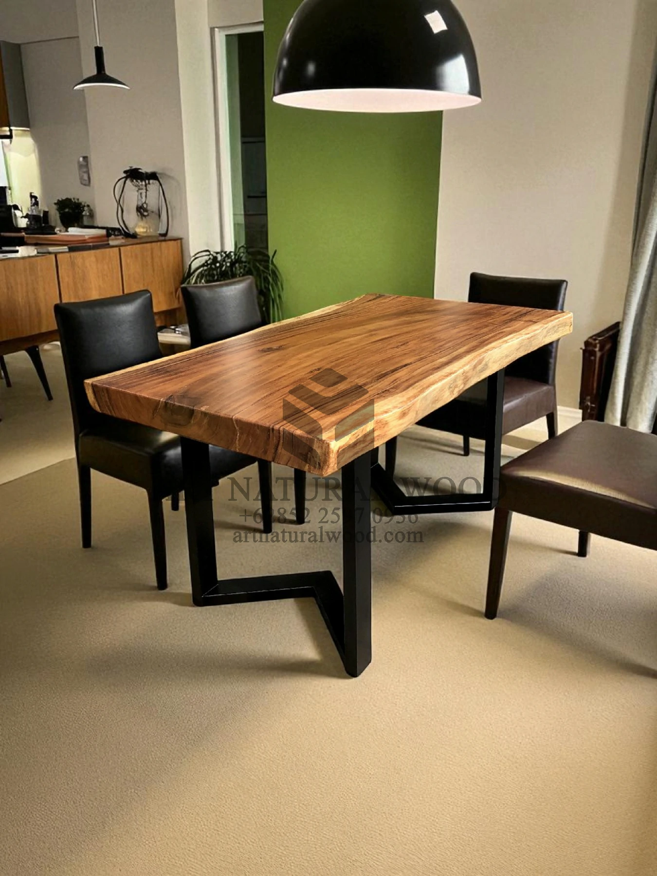 meja kayu utuh trembesi minimalis kaki besi- meja kayu besar kaki besi