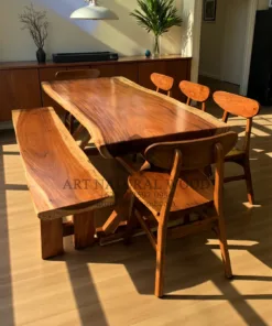 meja makan kayu trembesi 5 kursi 1 bangku-meja makan minimalis kayu trembesi-set meja makan kayu besar