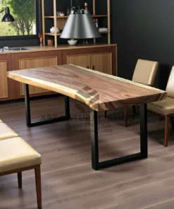 meja trembesi minimalis kaki besi kayu solid utuh sisi natural