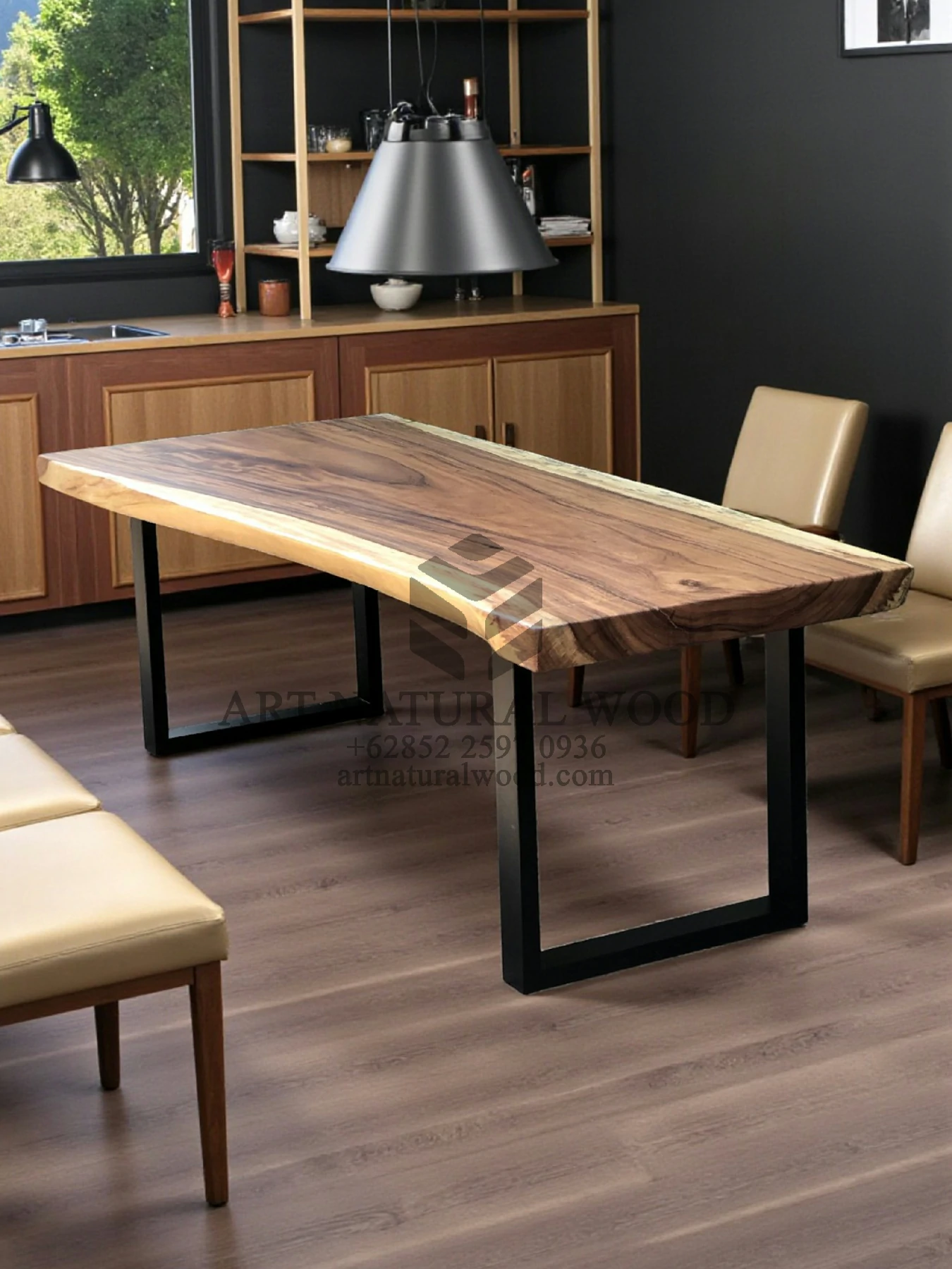 meja trembesi minimalis kaki besi kayu solid utuh sisi natural