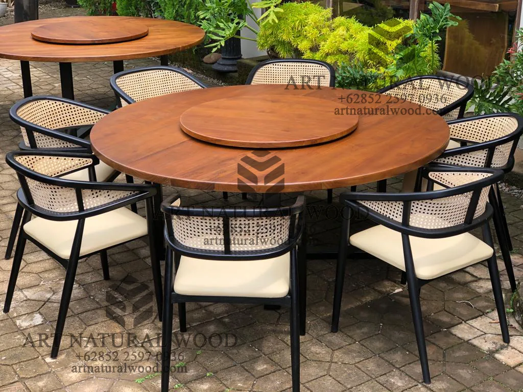 meja makan putar bulat kayu jati solid 8 kursi