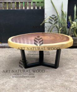 meja tamu bulat kayu trembesi kaki besi