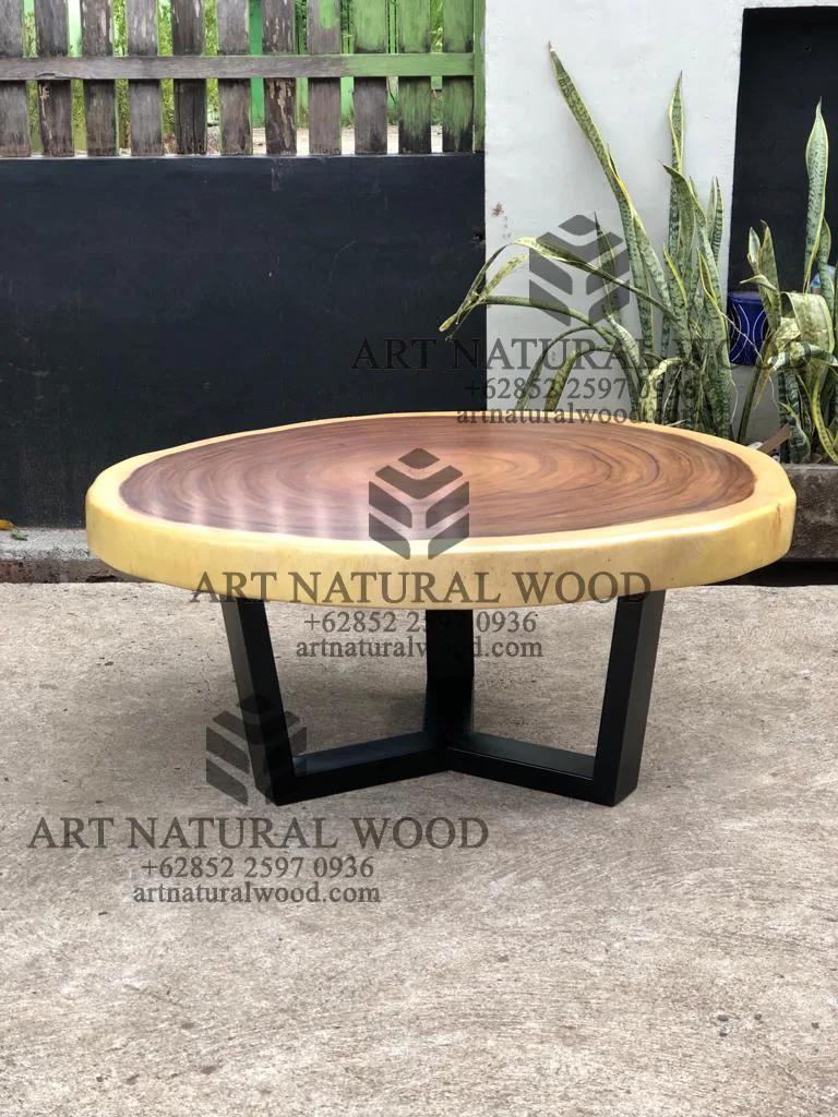 meja tamu bulat kayu trembesi kaki besi