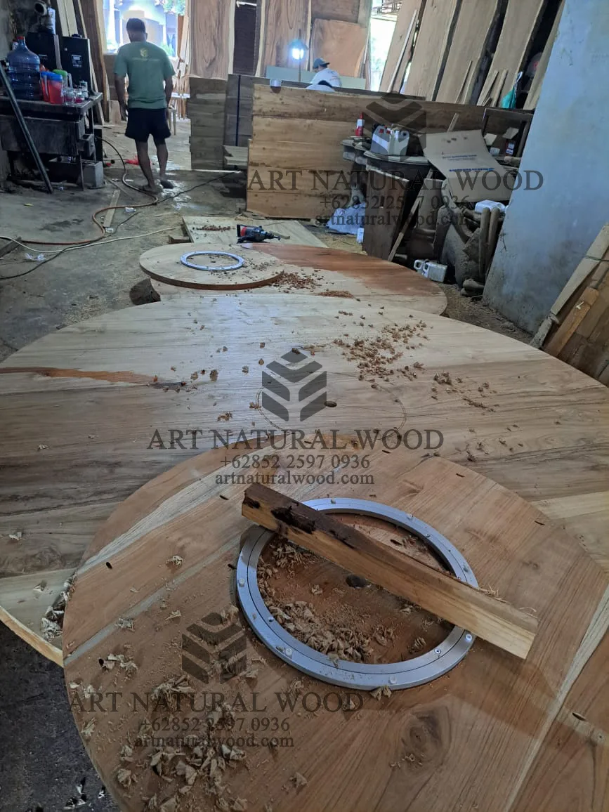 meja makan putar bulat kayu jati solid 8 kursi