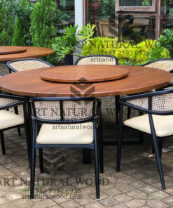 meja makan putar bulat kayu jati solid 8 kursi
