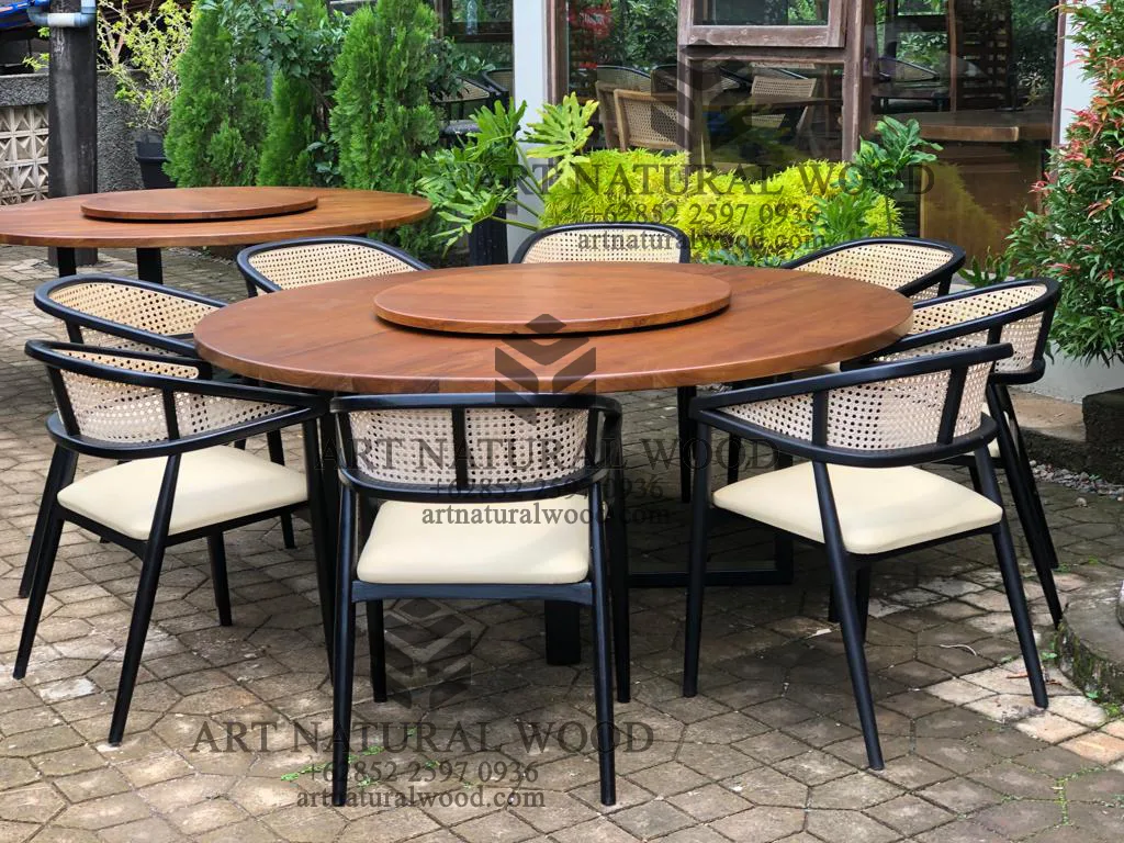 meja makan putar bulat kayu jati solid 8 kursi