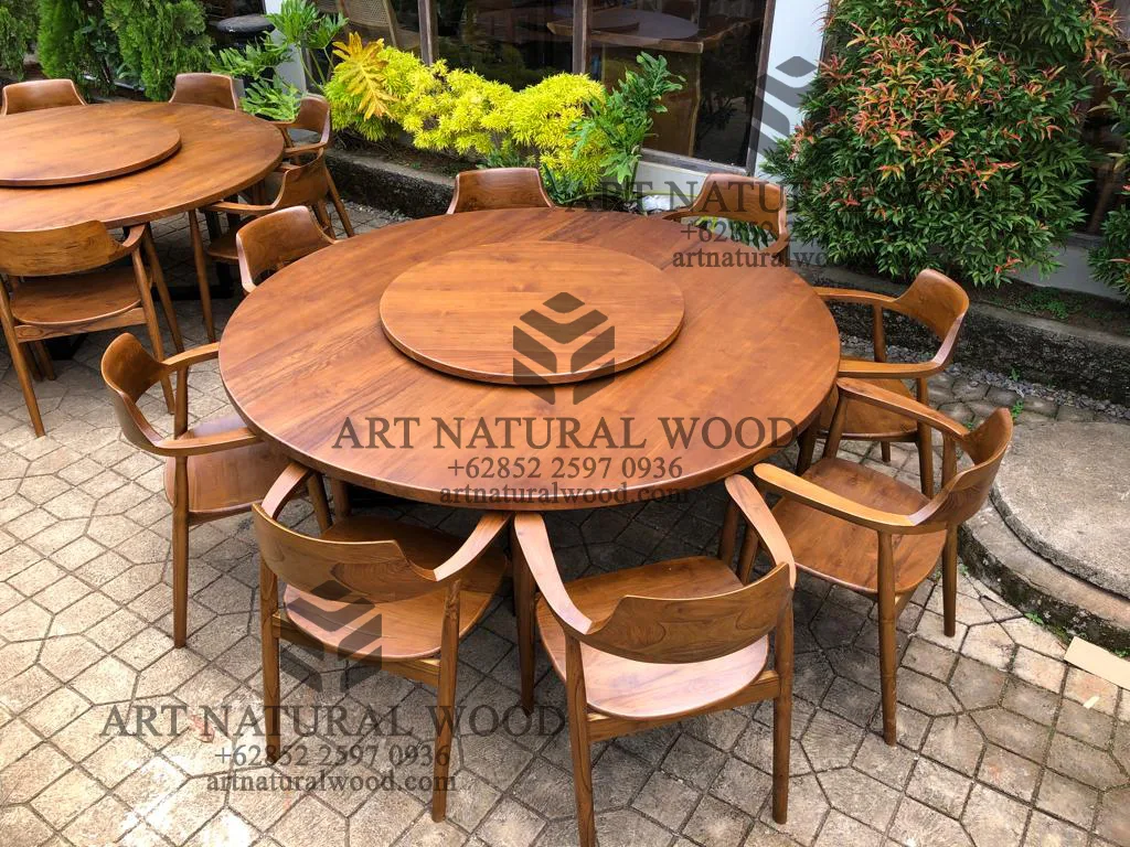 meja makan bulat kayu jati minimalis model putar 8 kursi