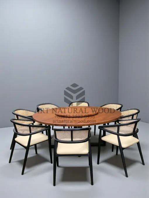 meja makan putar bulat kayu jati solid 8 kursi