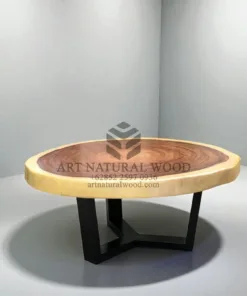 meja tamu bulat kayu trembesi kaki besi