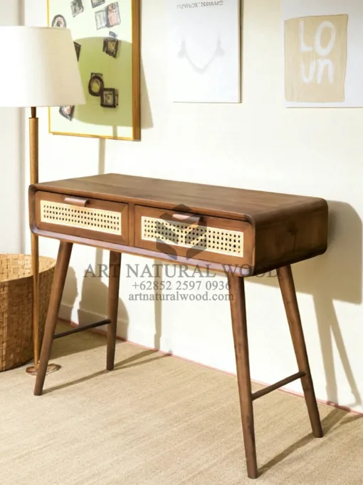 meja konsol rotan minimalis modern kayu jati