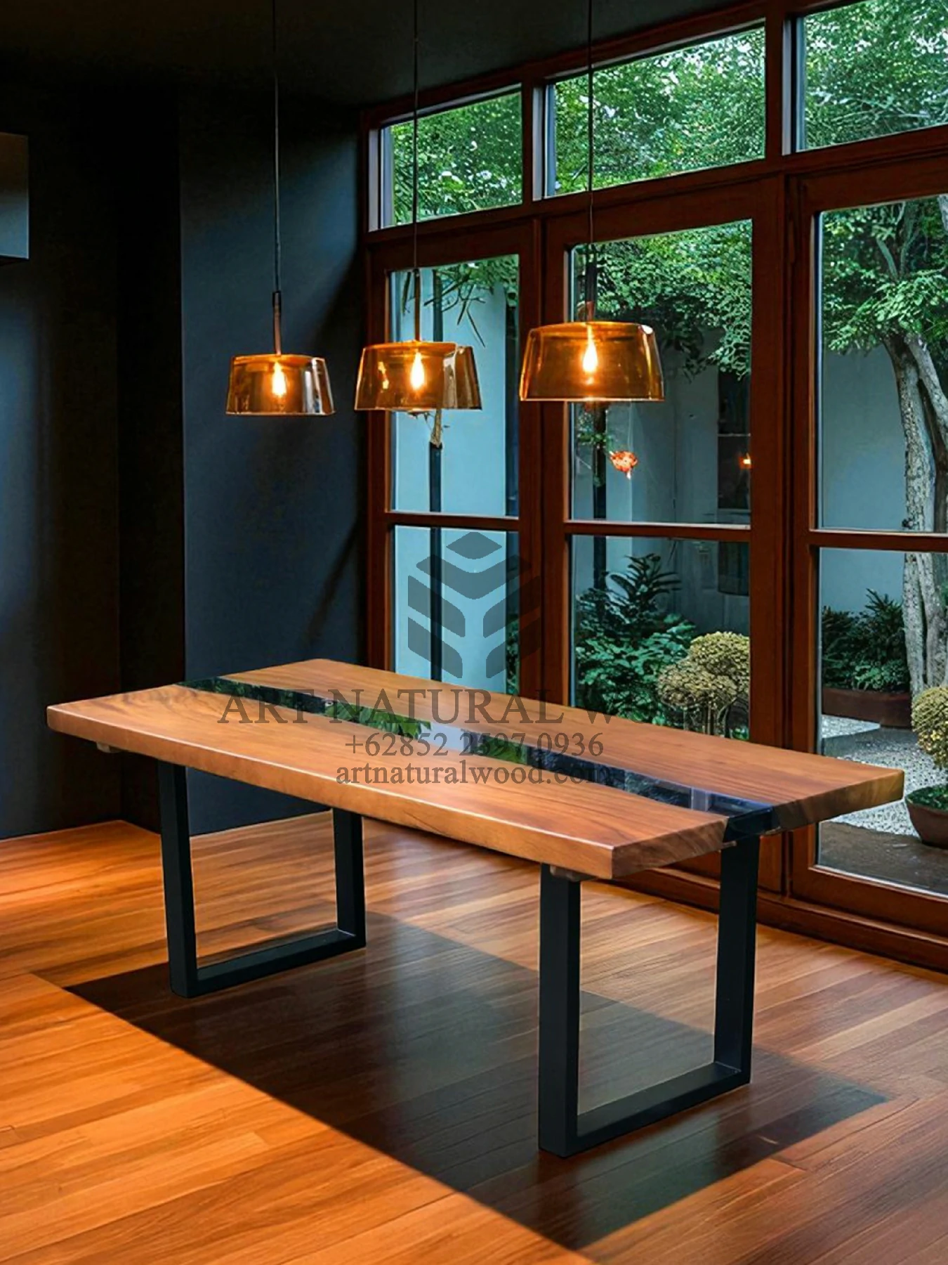 meja kayu solid minimalis river kaca