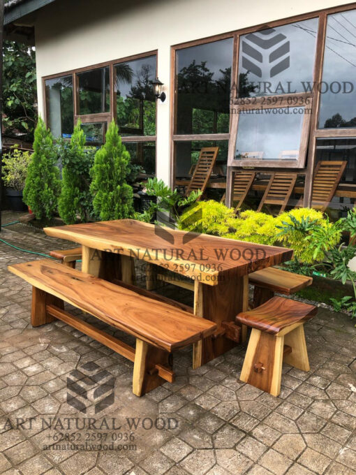 set meja makan kayu trembesi solid minimalis modern