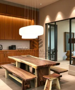 set meja makan kayu trembesi solid minimalis modern