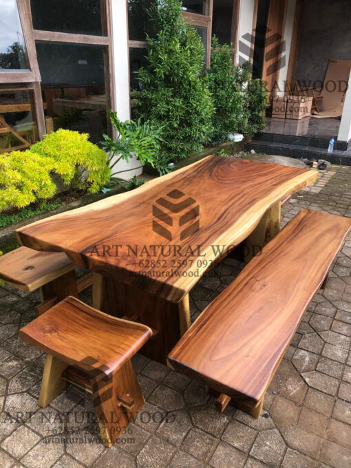 set meja makan kayu trembesi solid minimalis modern
