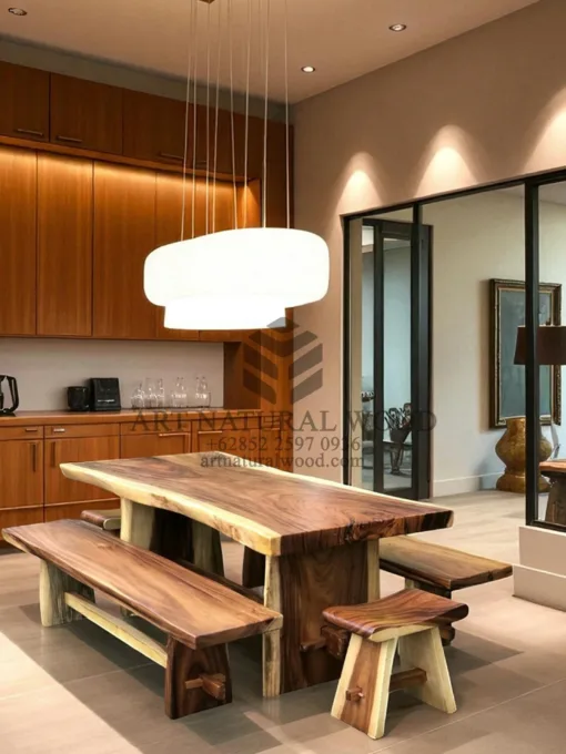 set meja makan kayu trembesi solid minimalis modern
