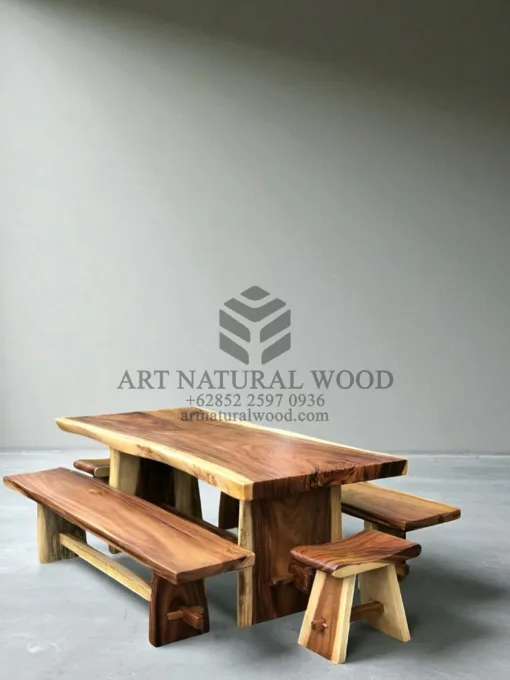 set meja makan kayu trembesi solid minimalis modern