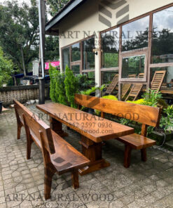 set meja bangku panjang unik kayu trembesi solid