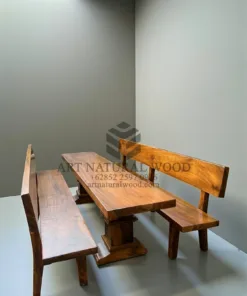 set meja bangku panjang unik kayu trembesi solid