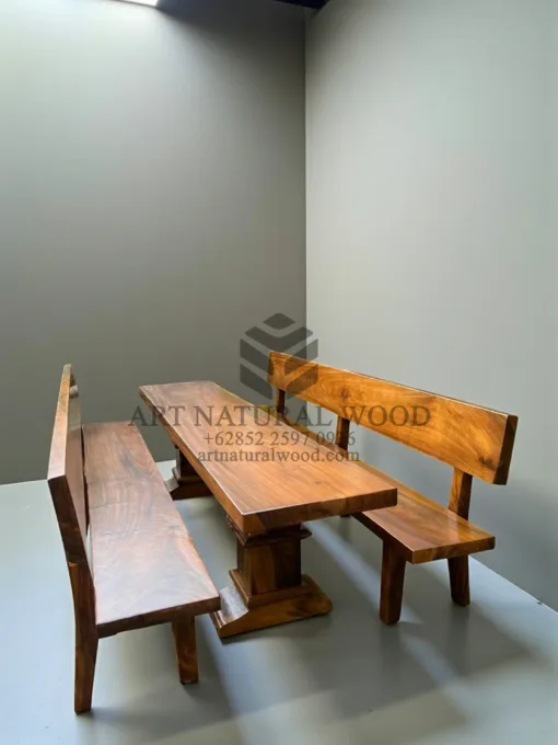 set meja bangku panjang unik kayu trembesi solid