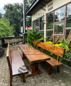 set meja bangku panjang unik kayu trembesi solid