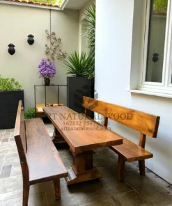 set meja bangku panjang unik kayu trembesi solid